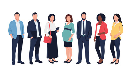 Obraz premium Line of diverse business professionals includes men in suits and pregnant women in smart casual and professional attire.
