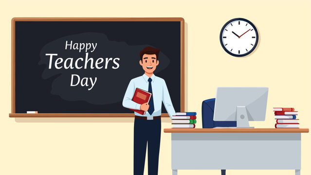 Smiling teacher stands beside a desk and a chalkboard with Happy Teachers Day written on it in a classroom.