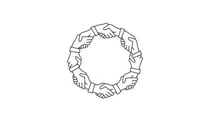 Multiple hands shaking in a circular formation, symbolizing global partnership, teamwork, community, and strong networks.