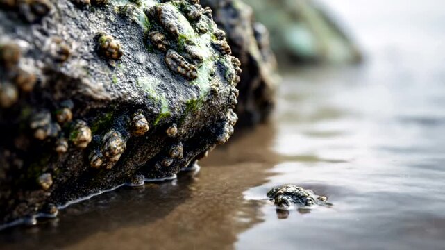 Close-up of barnacles on a rocky shore at low tide