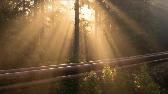Sunset golden hour over pipeline and trees concept. Sunlight streaming through forest trees over industrial pipelines surrounded by lush greenery
