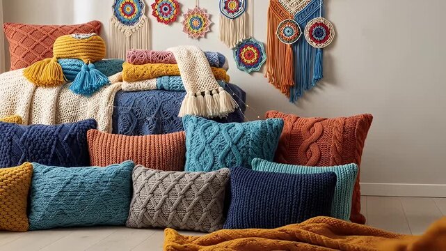 Collection of textured, crocheted, and knitted pillows and blankets on floor and backdrop