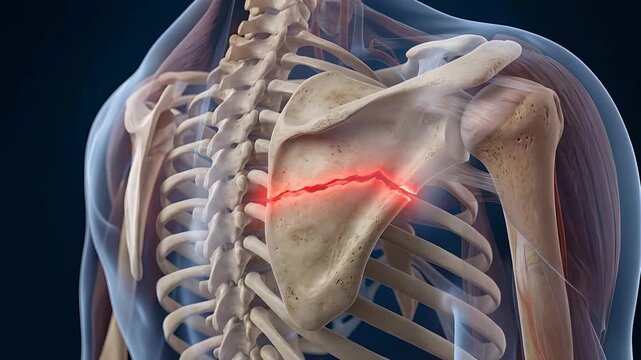 Anatomical illustration of a human shoulder blade with a visible fracture highlighted by a red glow against a dark background showcasing skeletal
