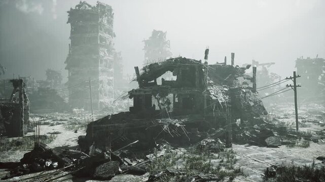dim light over derelict streets and poles, broken cables trace along ruined pavement with distant collapsed towers, quiet industrial decay with moss and rust,