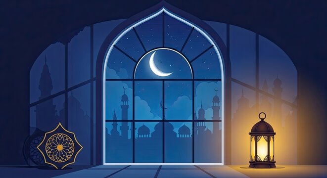 Eid ul fitr celebration night with crescent moon and lantern