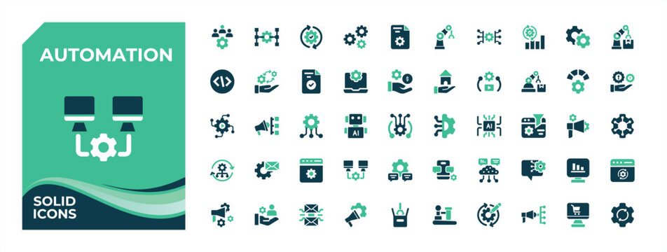 Automation colorful solid icon set. Contains filled symbols like technology, ai, innovation, development, optimization, automation. Flat web icons. Technology icon collection. Editable vector art.