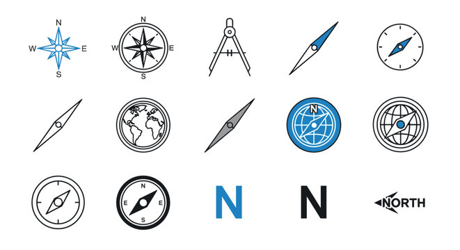 Collection of navigation tools and symbols including compasses a sextant