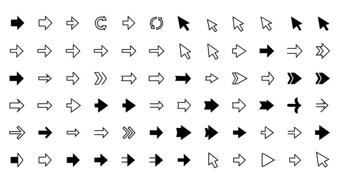 Collection of various arrow icons and cursor pointers in black and white vector