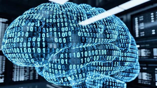 A futuristic digital brain made of binary code in front of a server room background