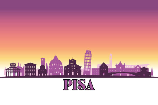 Global city Pisa shown in a detailed vector skyline with a twilight sky