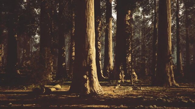 Sepia toned forest trunks with warm brown highlights and heavy shadow pools, granular texture and vintage film mood, scattered needles creating patterned
