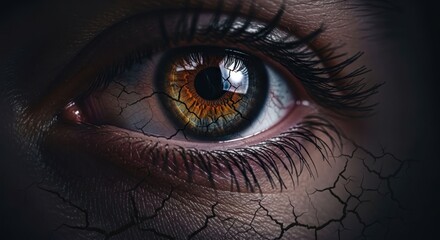 Naklejka premium Close-up of human eye with cracked texture, intense stare