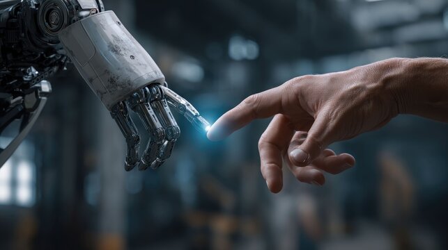 Human and robot interaction in a technological workshop close-up perspective futuristic concept