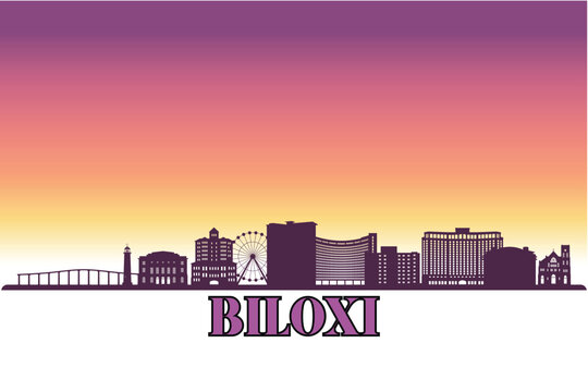 Global city Biloxi shown in a detailed vector skyline with a twilight sky