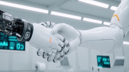 Human-robot collaboration in technology lab futuristic setting digital interaction close-up view