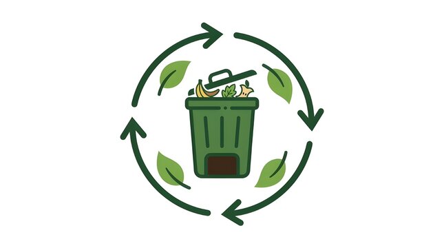 Green Compost Bin Icon with Banana Peel and Apple Core Inside Organic Recycling Circle, Sustainable Lifestyle and Food Waste Management Flat Vector Illustration for Environmental Conservation