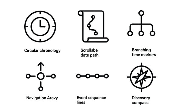 Time management icons set including circular chronology and branching time markers