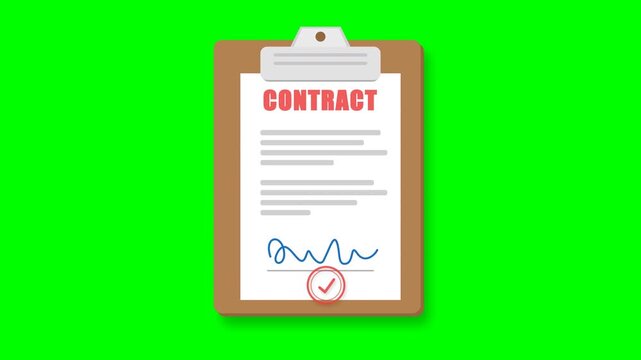 Contract Document Approval Process Animated Clip with Signature and Checkmark Showing Agreement and Business Deal Finalization on Green Screen Background