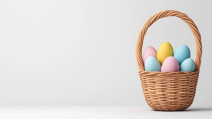 Fototapeta premium A woven basket holds pastel-colored eggs, symbolizing Easter and spring, set against a clean, minimalistic background.