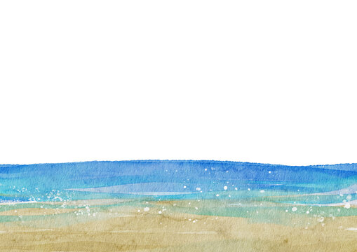 Watercolor blue ocean and sandy beach border, hand-painted summer landscape-300dpi-