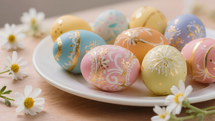 Fototapeta premium Close Up of Hand Painted Easter Eggs with Gold Details on White Plate