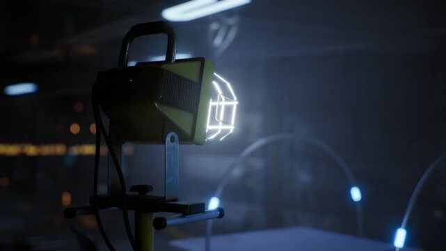 Sanitizing lamp in space station closeup with ozone glow and surface reflections, decontamination vibe, clinical protocol elements, highdetail hardware texture.
