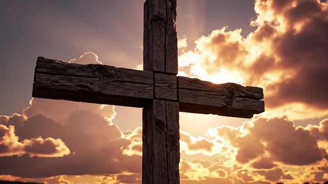 Rustic wooden cross against dramatic golden sky with sunburst