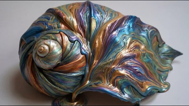 Static video scene with wave and oil texture effect concept. Colorful iridescent snail shell and leaf sculpture with metallic blue and bronze tones on white background