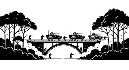 Obraz premium Military convoy crossing bridge, soldiers advancing through forest, war conflict scene
