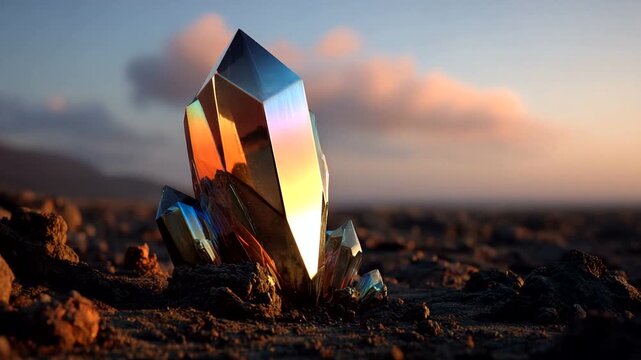 Iridescent crystal formation at sunset on rocky terrain