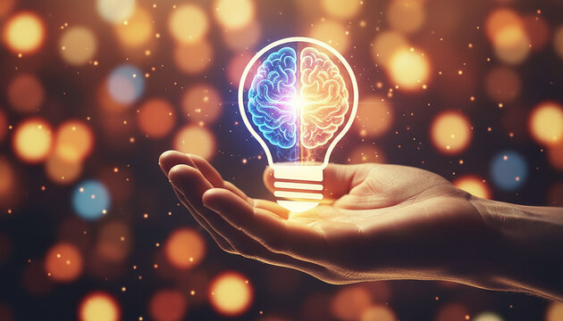 Person grasping out with hand toward brilliant neon digital light bulb filled with an illuminated internal technological grid conceptualizing scientific invention or an engineering paradigm shift