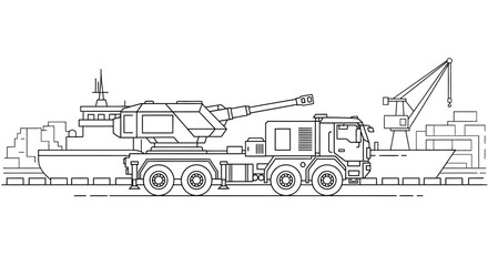 Military Self-Propelled Howitzer on Truck Chassis in Port with Ships and Crane