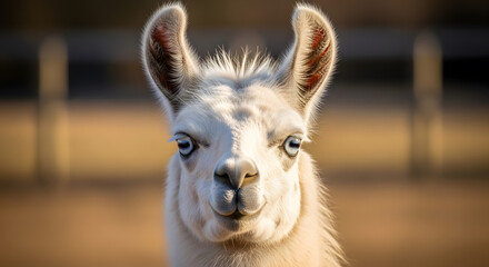 Fototapeta premium Close up of a llama with striking blue eyes and white fur