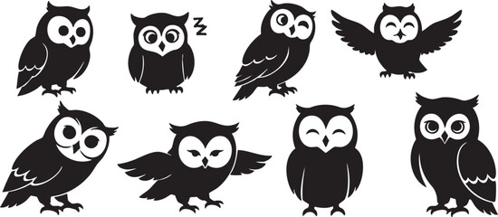 Six owl silhouettes isolated on white background with white details owls black