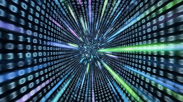 A vibrant digital tunnel of radiant blue, purple, and white lights, composed of numerous binary code digits