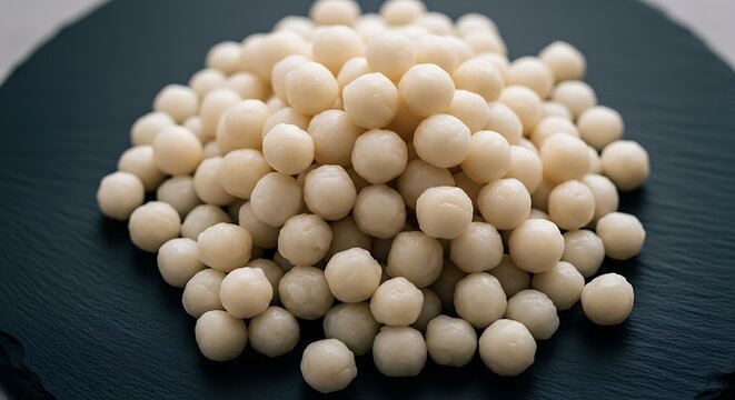 Pile of raw white mochi balls or tapioca pearls on a slate board