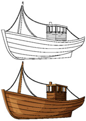 Wooden Fishing Boat Line Art and Colored Illustration © blueringmedia