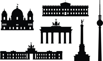 Berlin landmarks silhouette vector set, famous Germany architecture icons including Brandenburg Gate TV Tower Reichstag skyline illustration © MstRashrda