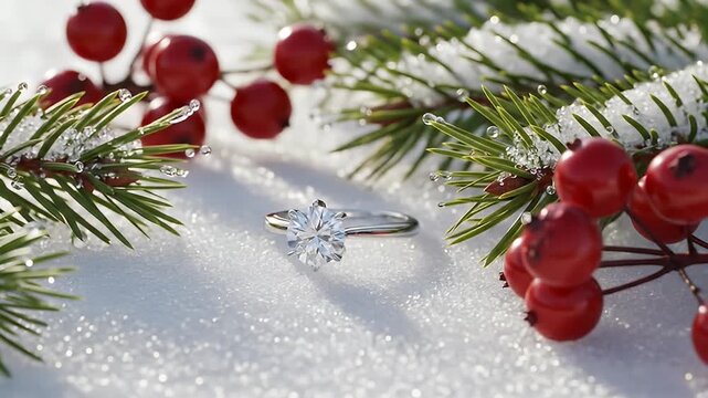 Sparkling ring on snow surrounded by snowy evergreen and berries