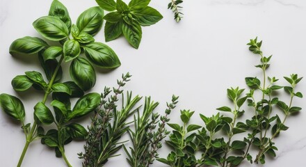 Obraz premium Fresh green herbs, arranged artfully on a bright white surface