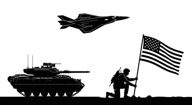 Military Power: Fighter Jet, Tank, and Soldier Raising American Flag Silhouette