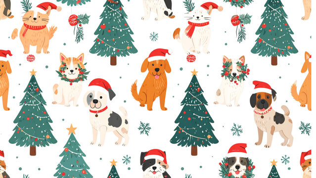 Seamless Repeating Vector Christmas and Holiday Pattern Featuring Cute Dogs and Cats in Santa Hats, Decorated with Festive Wreaths, Christmas Trees, Hanging Ornaments, and Holly