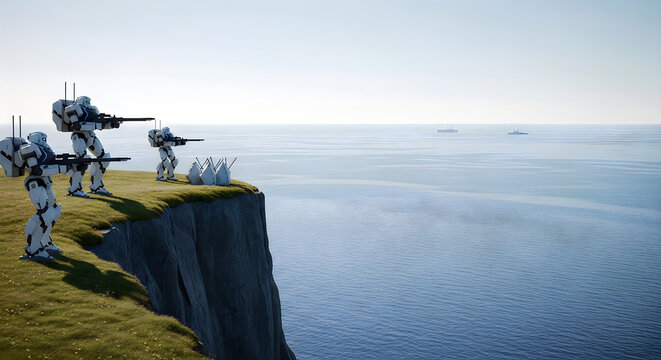 Military robots standing guard on cliff overlooking ocean with warships on horizon