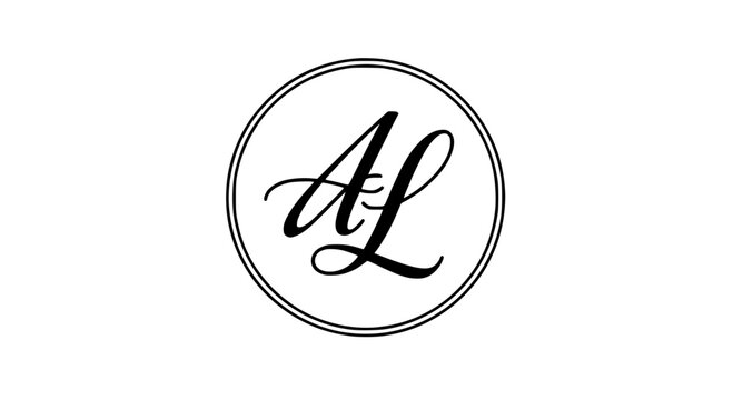 Logo circular with stylized text letters AL in cursive script font inside featuring monogram, initials, black and white