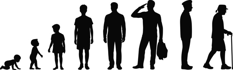 Human life cycle silhouette progression from crawling baby to elderly man with cane showing growth, childhood, adulthood, soldier service, and aging stages isolated illustration