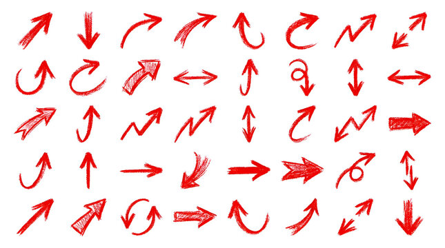 Red Hand Drawn Arrow Set with Sketch Doodle Direction Pointer Collection on White Background, Grunge Arrow Pack, Hand Drawn Pointer Set, graffti, Sketch Arrow Collection, PNG