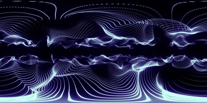 Neon blue strings wave visual effects for 360 VR video.(loopable)