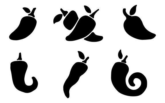 A collection of six stylized black chili pepper icons, each with a unique shape and stem.