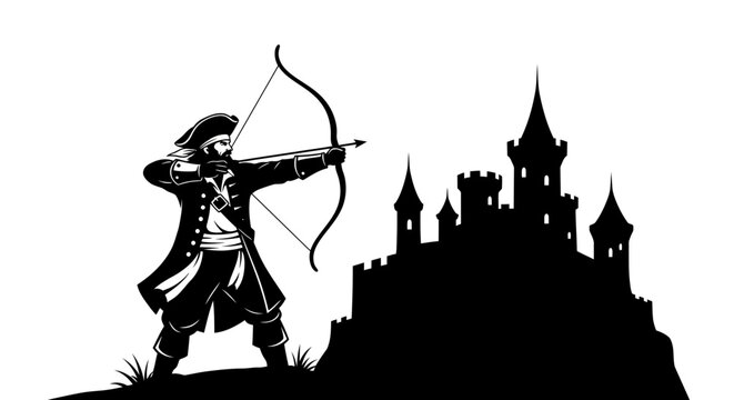 Pirate Archer Aims Bow at Castle Silhouette