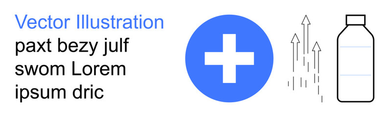Obraz premium Healthcare, medical treatment, wellness, healthcare services, medicine, symbols. A blue cross and outlined bottle with upward arrows. Healthcare and medical treatment concept